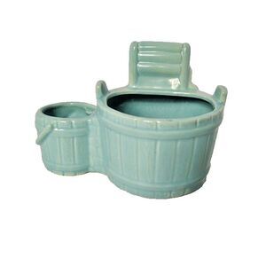 Vintage Planter Wringer Wash Tub and Bucket Ceramic Greenish Blue 6.5 X 4 Inch